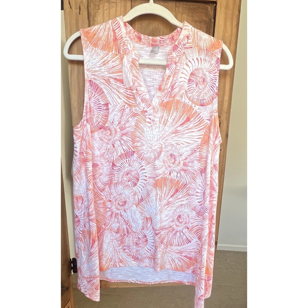 Chico's Women's XL Sleeveless V-Neck Knit Top Abstract Orange White Pink